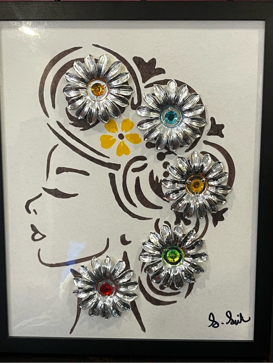 Hand Crafted Other - Hand Crafted Silver Floral Head Profile Wall Art with Multicolor Gems